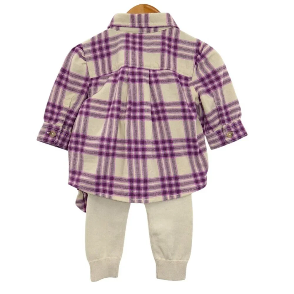 NWT Gap Baby Girl 3pc Outfit Set Plaid Flannel Top Knit Pants Bow Headband 3–6M